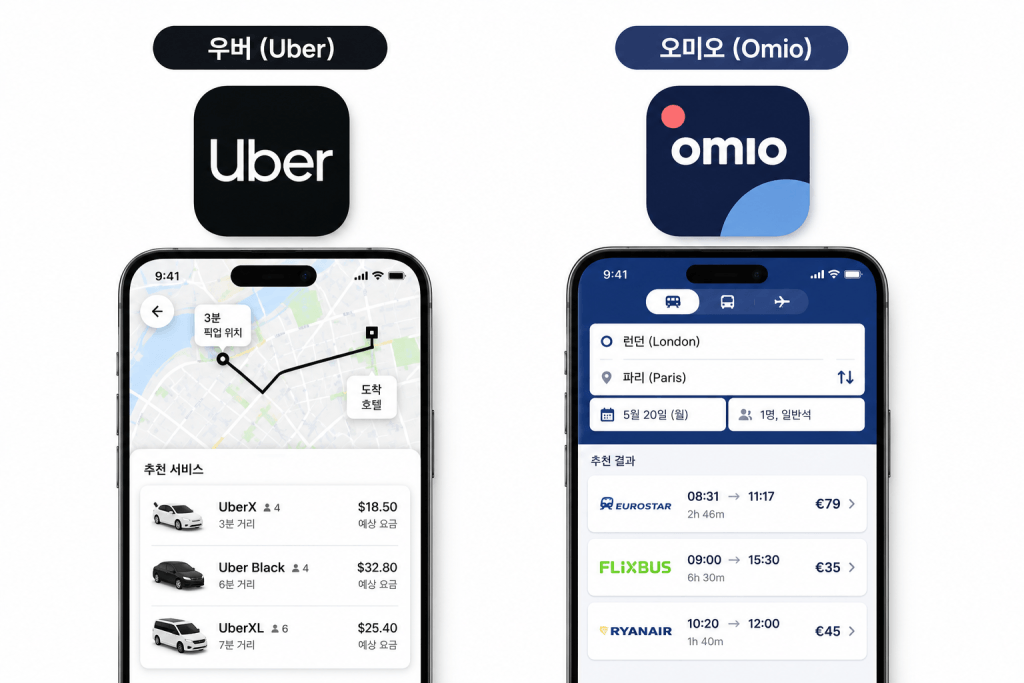 우버(Uber)와 오미오(Omio) 여행 교통 앱 비교 이미지. 우버 차량 호출 앱과 오미오 기차·버스·항공 예약 앱의 대표 화면을 보여주는 일러스트.
