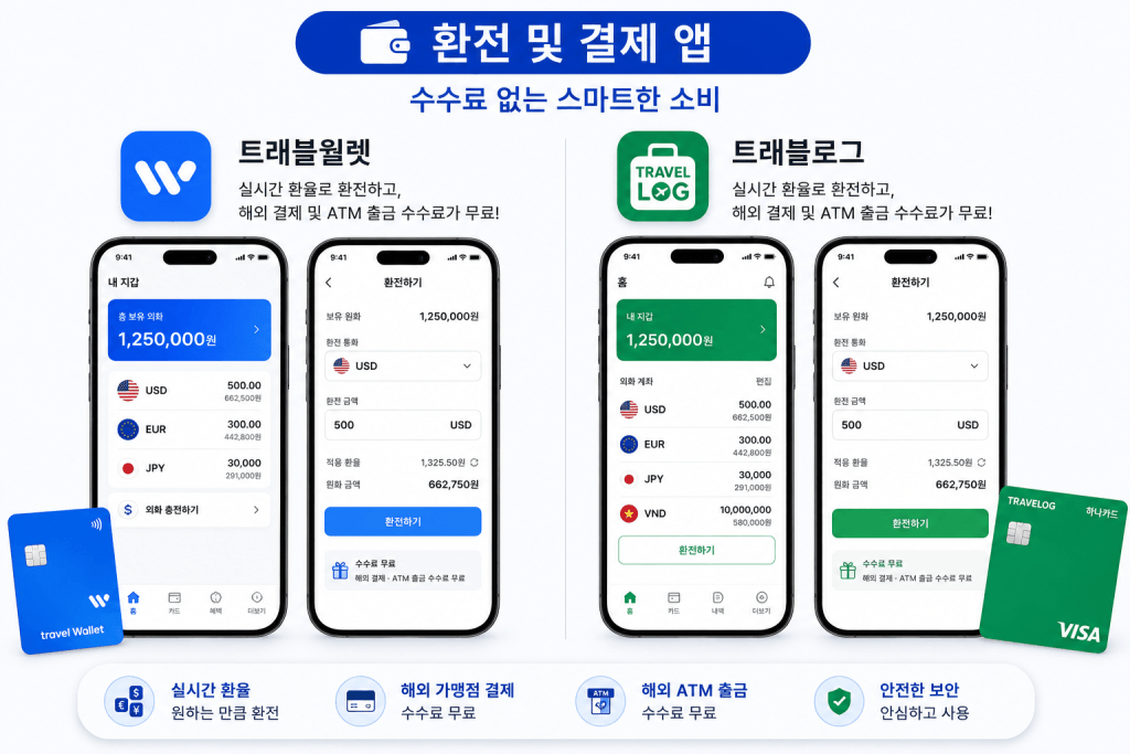트래블월렛과 트래블로그 해외여행 환전 및 결제 앱 비교 이미지. 실시간 환전, 해외 가맹점 결제, ATM 출금 기능을 지원하는 선불 충전식 카드 앱 화면과 카드를 보여주는 일러스트.
