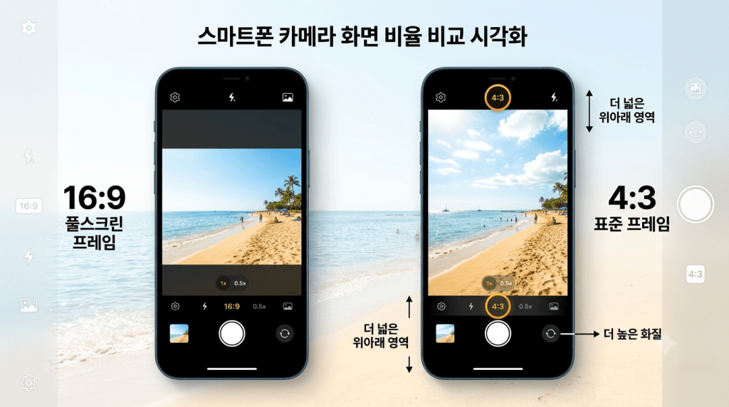 스마트폰 카메라 설정 4대3 화면 비율과 16대9 비교