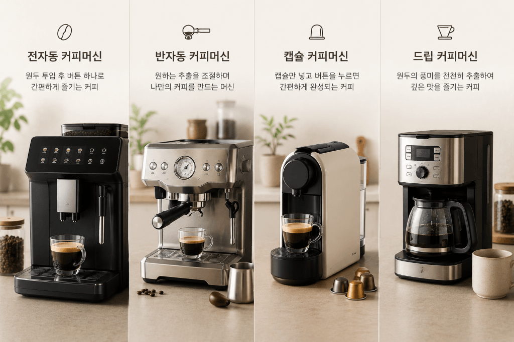 전자동, 반자동, 캡슐, 드립 가정용 커피머신 종류별 기능과 특징 비교 인포그래픽