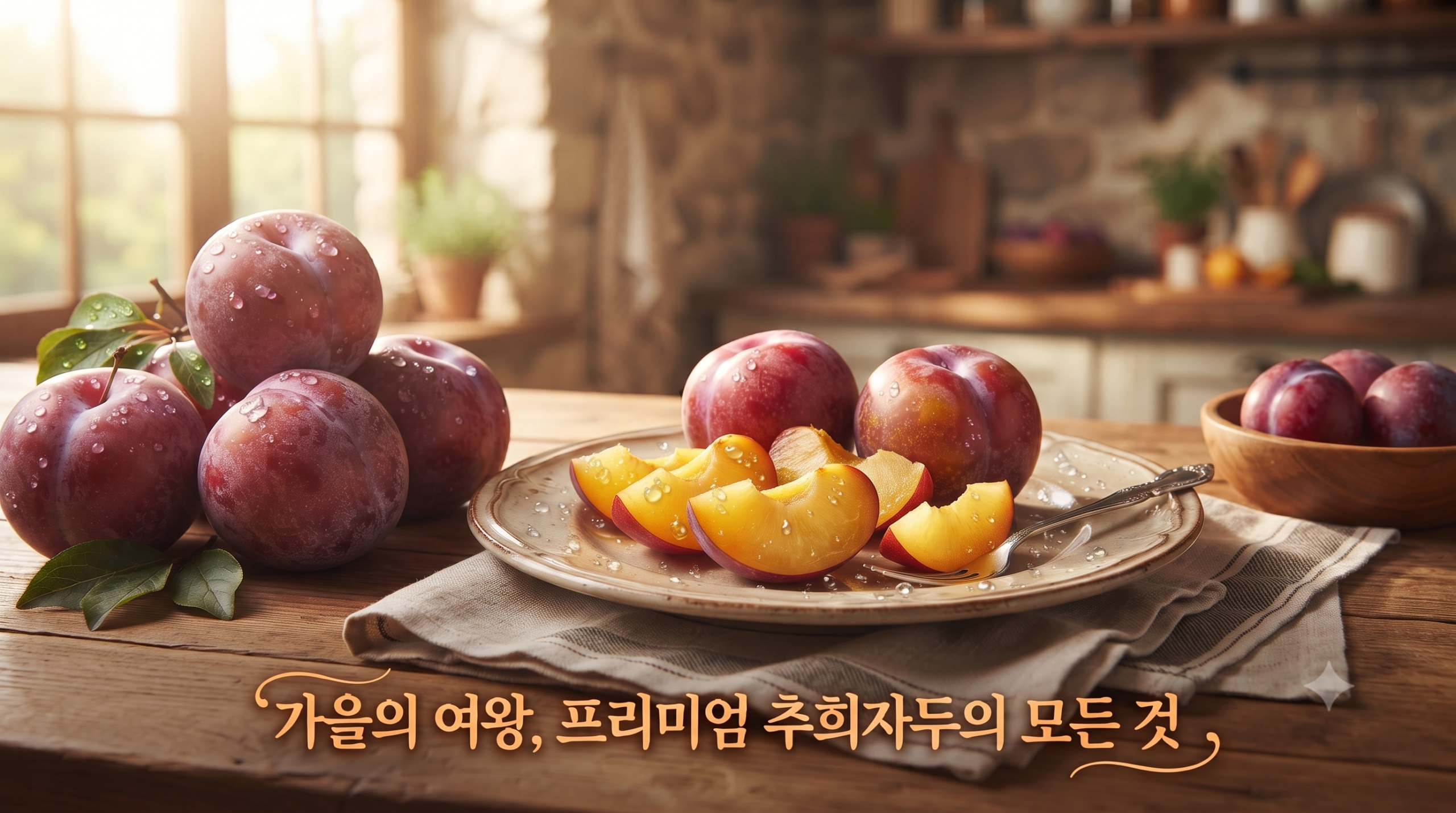 금방 수확한 듯 생기 넘치고 물방울이 맺힌 아삭한 추희자두와 절단면