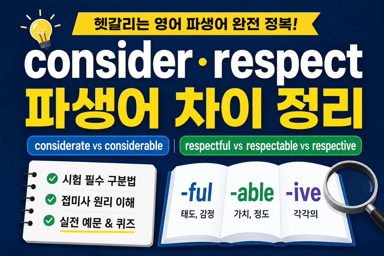 헷갈리는 영어 단어 consider, respect의 파생어 어원 접미사(ful, able, ive) 의미 차이 구분 및 실전 예문 퀴즈 요약 교육용 인포그래픽