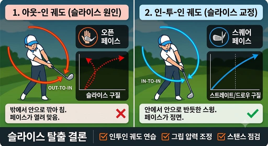 드라이버 슬라이스 교정을 위한 올바른 스윙 궤도 비교 인포그래픽 (아웃인 vs 인투인)
