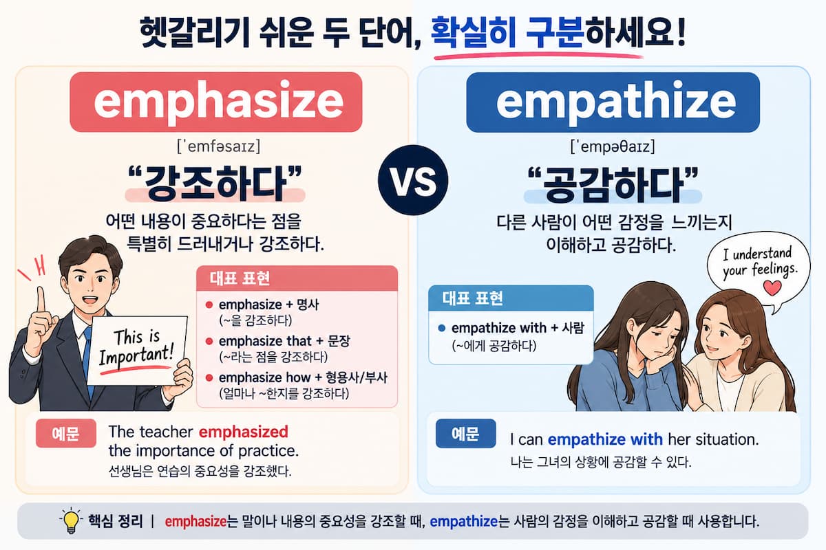 emphasize 강조하다와 empathize 공감하다 뜻 차이 비교