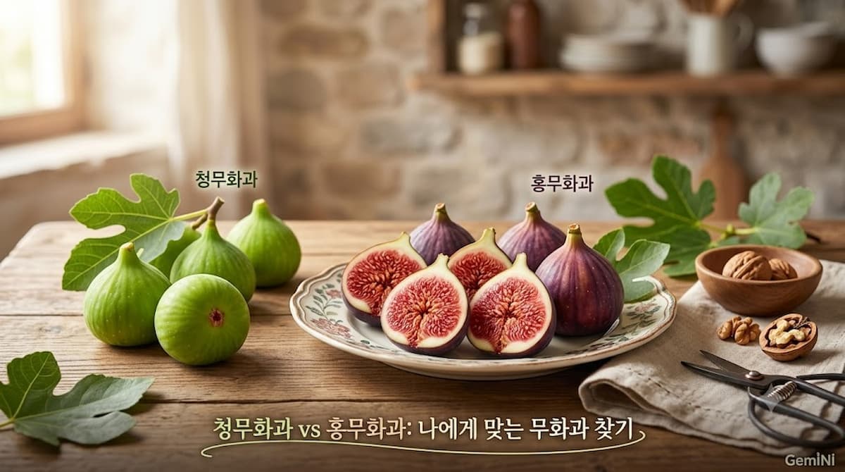 따뜻한 햇살 아래, 싱그러운 초록빛의 청무화과와 붉은빛의 홍무화과가 먹기 좋게 잘려 담긴 접시