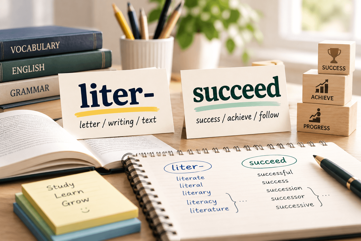어원이 같은 liter- 계열과 succeed 계열 영단어 공부 노트와 교재가 놓여 있는 대표 썸네일 이미지