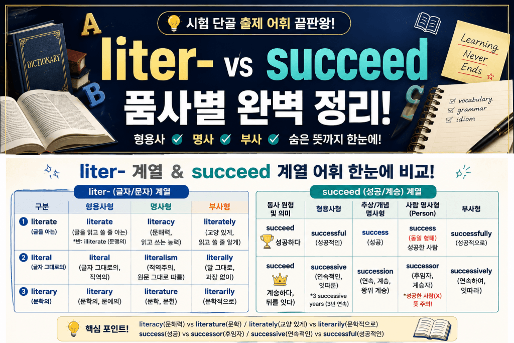 liter- 계열(literate, literal, literary)과 succeed 계열(successful, successive, successor) 어휘의 품사별 형태와 뜻을 비교 정리한 영어단어 차이 요약 표