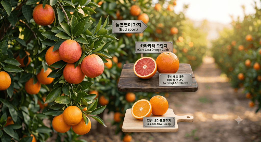 카라카라 오렌지와 일반 네이블오렌지의 과육 색상 차이 비교