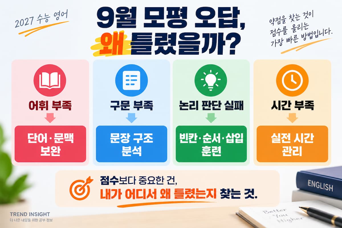 9월 모의평가 영어 오답 원인을 어휘 부족, 구문 부족, 논리 판단 실패, 시간 부족으로 구분하고 각각 단어·문맥 보완, 문장 구조 분석, 빈칸·순서·삽입 훈련, 실전 시간 관리로 연결한 인포그래픽.