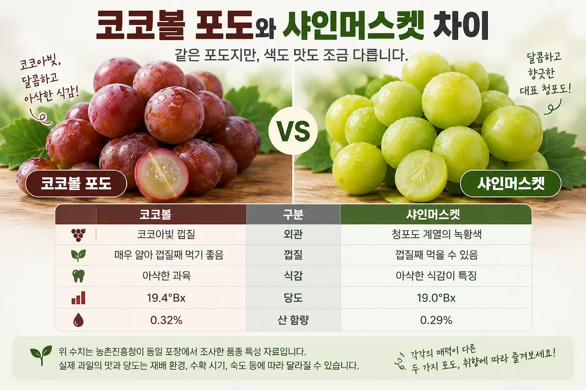 코코볼 포도와 샤인머스켓 색깔과 특징 차이 비교