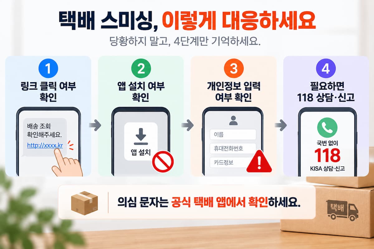 택배 스미싱 링크를 눌렀을 때 앱 설치와 개인정보 입력 여부 확인 후 118에 상담하는 4단계 대처법