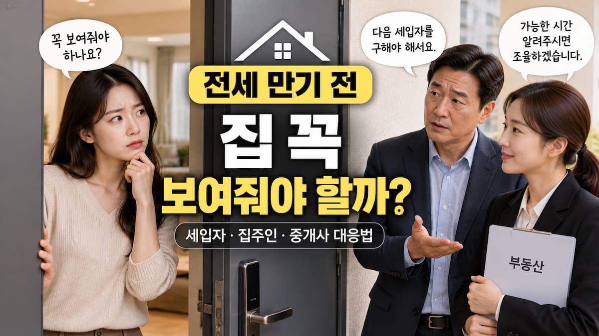 전세 만기 전 집 보여주기 문제를 조율하는 세입자 집주인 공인중개사