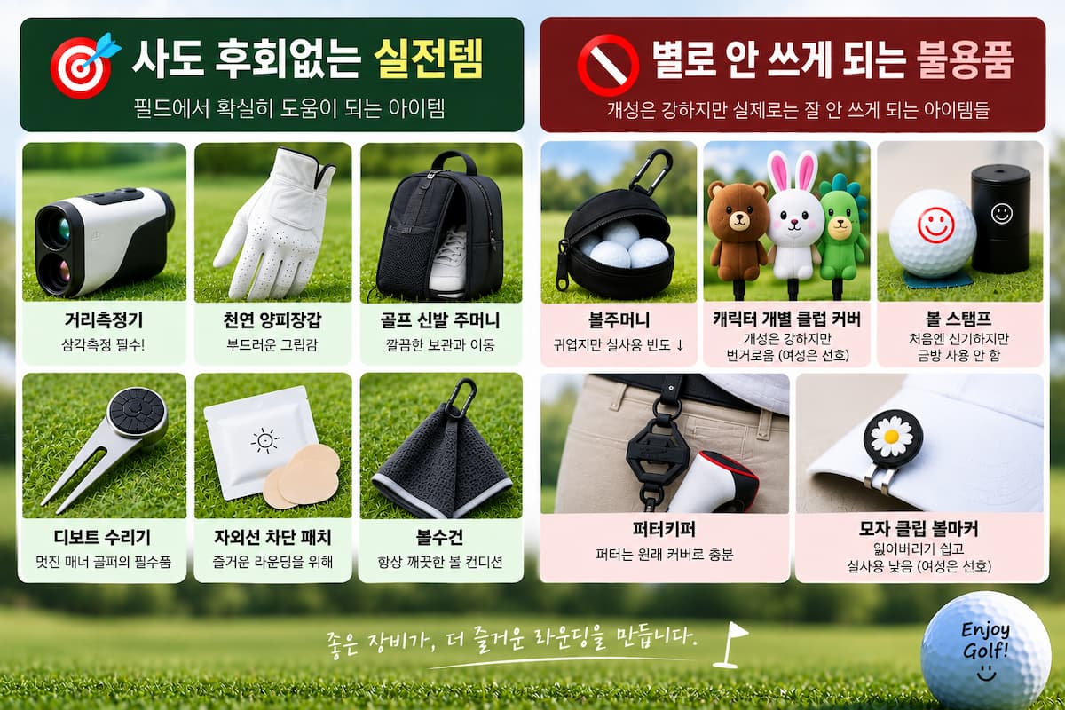 골프 라운딩에서 유용한 골프 초보 용품과 자주 쓰지 않게 되는 골프용품을 비교한 참고 이미지