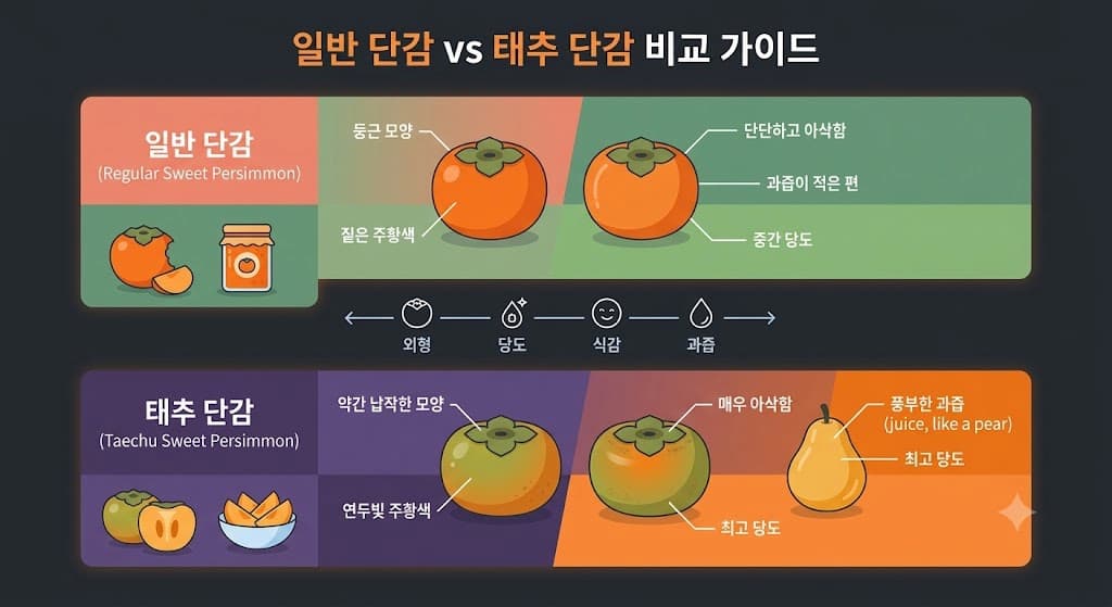 일반 단감과 태추 단감의 당도 식감 외형 특징 비교