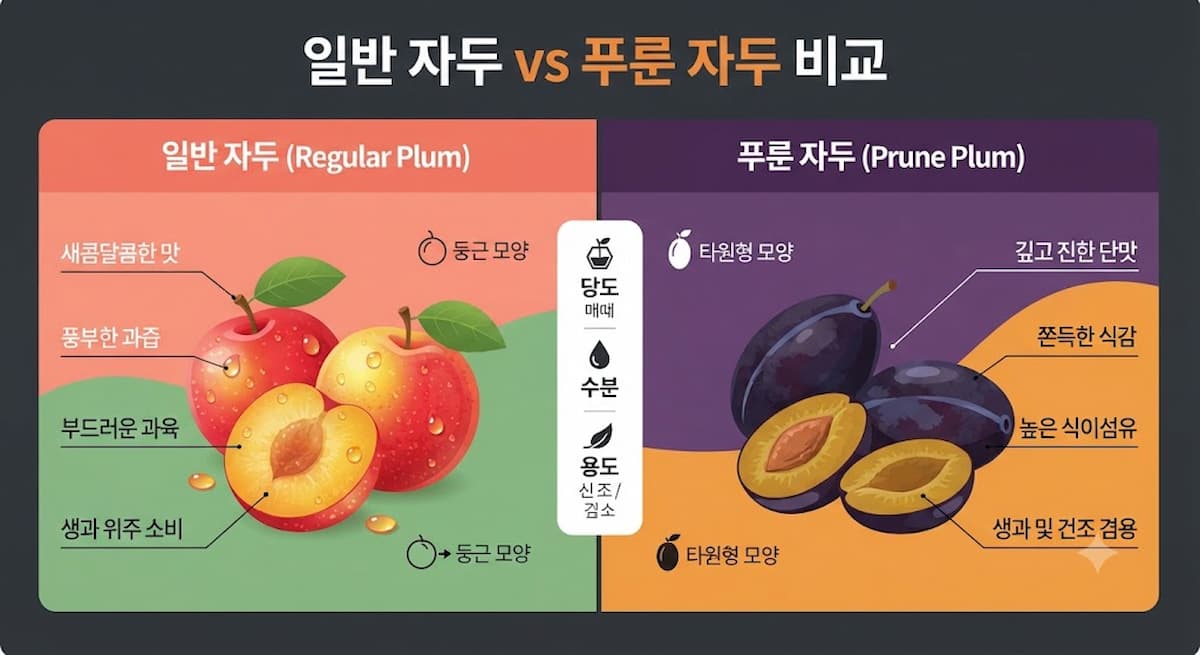 일반 자두와 푸룬 자두의 모양, 맛, 주요 특징을 비교 정리한 인포그래픽