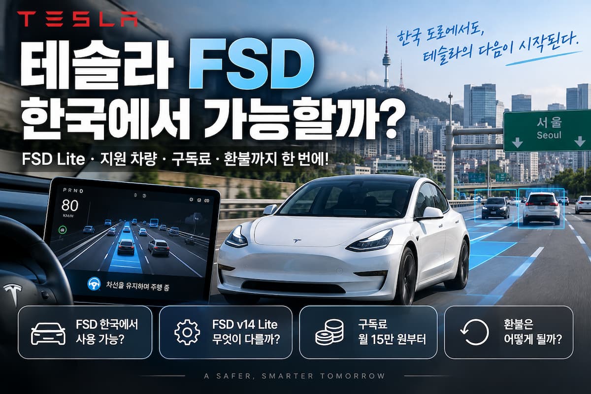 테슬라 FSD 한국 지원 차량과 FSD Lite 구독 정보를 설명하는 대표 이미지