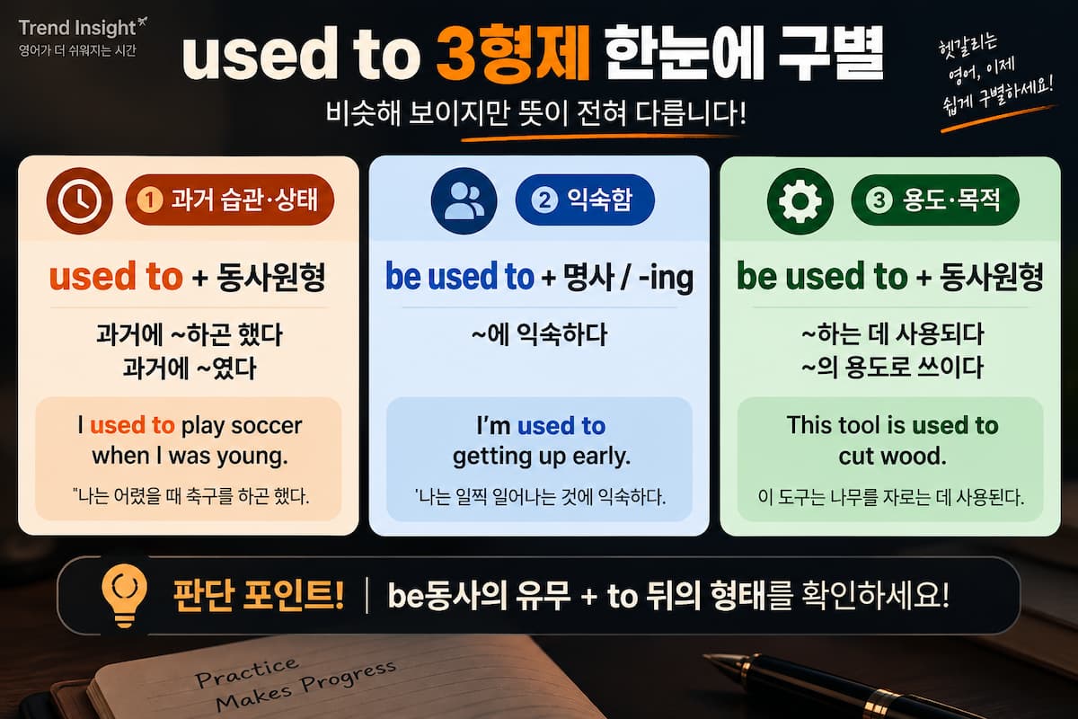 used to와 be used to의 3가지 형태와 뜻, 예문을 비교한 영어 문법 인포그래픽